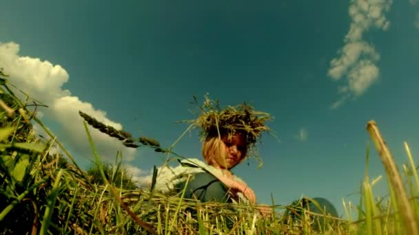 Fair-haired daughter of a farmer weaves a wreath made of straw — Stock Video