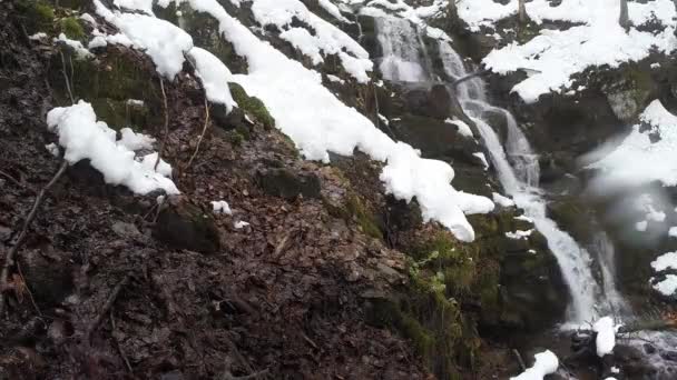 Horské lesy a vodopády ve sněhu — Stock video