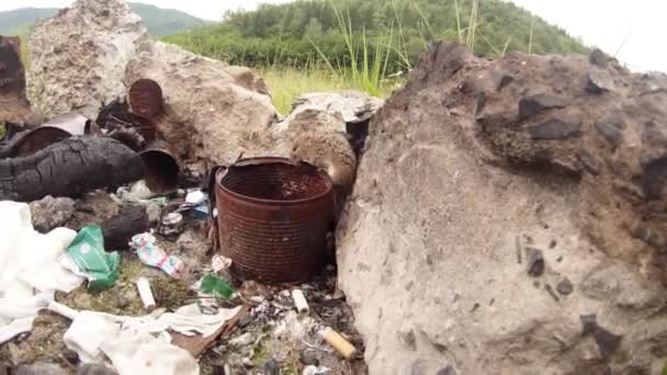 Avventure di un topo in una tenda piccolo topo selvatico campo grigio, sgattaiolato fuori dal mucchio di spazzatura (dove vive) nella mia tenda turistica Mouse Posa per la fotocamera e poi riceve il pagamento sotto forma di fette di pane — Video Stock