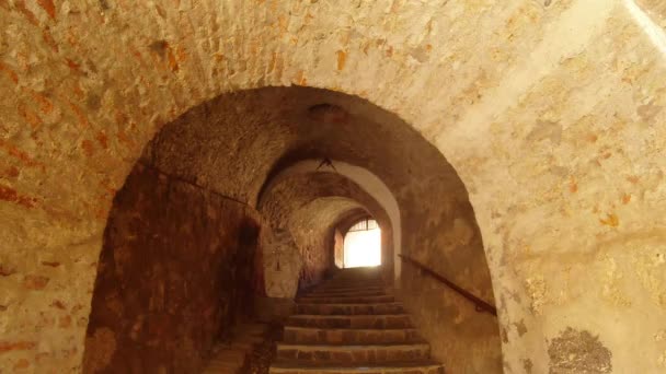 Mukachevo castle Palanok archway staircase, medieval fortress in western Ukraine extant — Stock Video