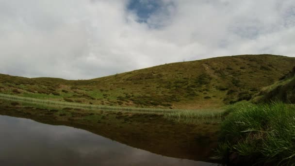 Horské jezero, které odráží nebe a živé mloky — Stock video