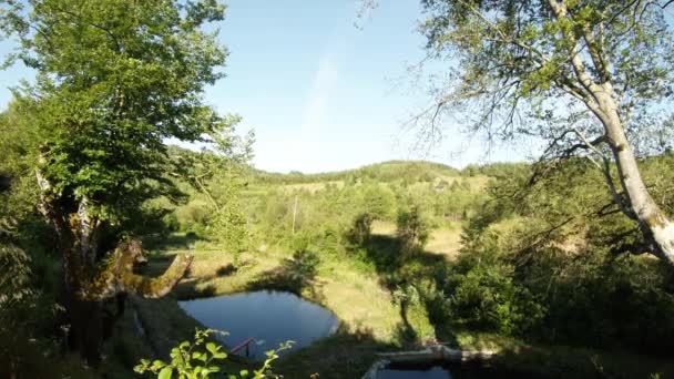 Mountain trout ponds in Europe, trees and green hills — Stock Video