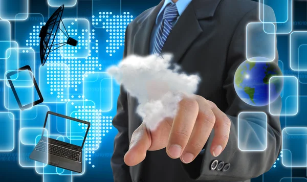 Mano de hombre de negocios empujando una nube en una interfaz de pantalla táctil — Foto de Stock