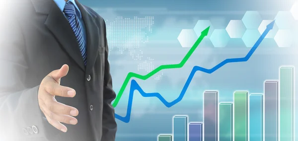 Affärsmannen och business diagram på ett gränssnitt pekskärm — Stockfoto