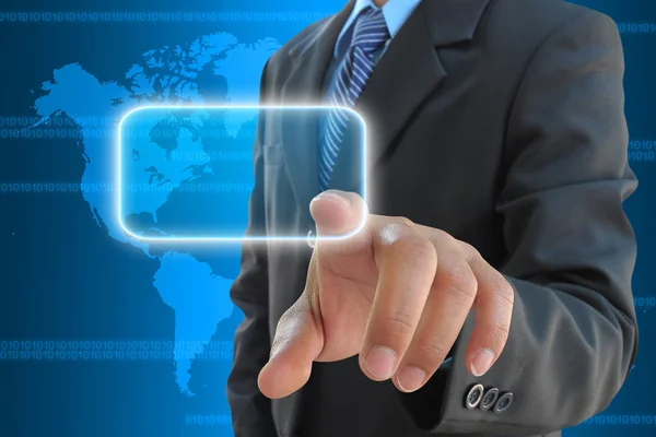 Hand pushing button on a touch screen interface — Stock Photo, Image