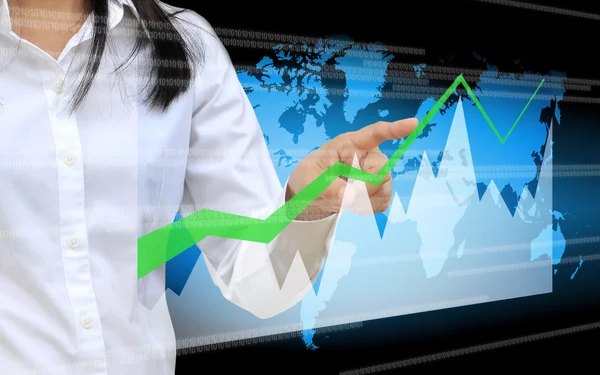 Mão empurrando um gráfico de negócios em uma interface de tela de toque — Fotografia de Stock