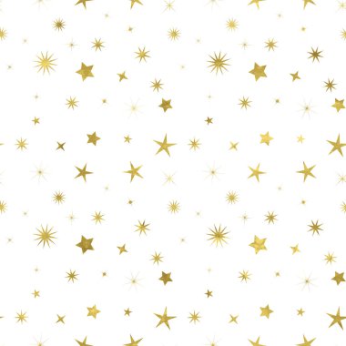 Parlak folyo desenli konfeti yıldızlarıyla altın ve beyaz desenli. Soyut vektör uzayı. Kumaş tasarımı, duvar kağıdı, dekoratif kağıt, web tasarımı, arkaplan.