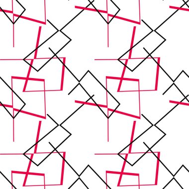 Geometrik siyah, beyaz ve kırmızı şekilli kareler. Soyut vektör dekoru. Kumaş tasarımı, duvar kağıdı, dekoratif kağıt, web tasarımı, şablonlar, kolajlar, arkaplan.