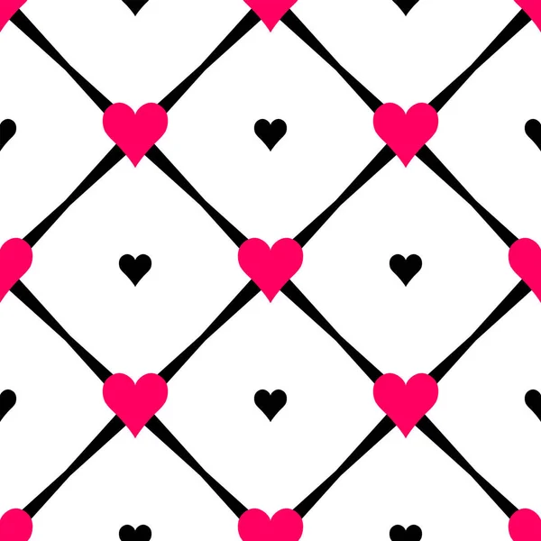 Geometrisches Nahtloses Muster Mit Herzen Und Rauten Abstraktes Vektordiamantnetz Romantische — Stockvektor
