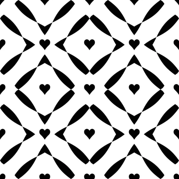 Geometric Black White Seamless Pattern Hearts Rhombs Abstract Vector Diamond — Stock Vector