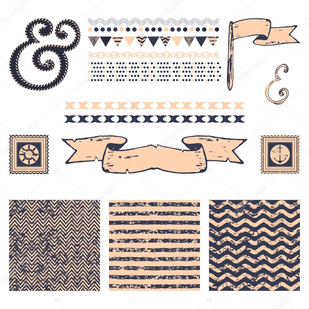 Set of 3 marine abstract seamless pattern and design elements.