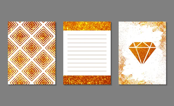 Set de 3 tarjetas de diario de brillo dorado . — Vector de stock