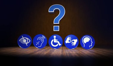 Erişilebilirlik Simgeleri: Erişilebilirlik standartlarını gösteren bir dizi bilgilendirici dairesel simge. Tekerlekli sandalye kullanıcısı, zeka, görme ve işitme bozukluğu göstergeleri.