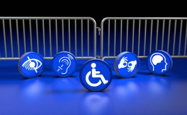 Erişilebilirlik Simgeleri: Erişilebilirlik standartlarını gösteren bir dizi bilgilendirici dairesel simge. Tekerlekli sandalye kullanıcısı, zeka, görme ve işitme bozukluğu göstergeleri.