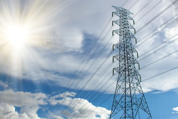 Elektrický Přenos Tower Electricity Přenosu Pylonu Silueta Proti Modré Obloze — Stock fotografie