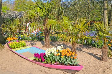 Lisse, Hollanda - 21 Nisan 2018: Keukenhof bahçeleri ve güzel çiçek yatakları.