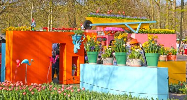 Lisse, Hollanda - 21 Nisan 2018: Keukenhof bahçeleri ve güzel çiçek yatakları.