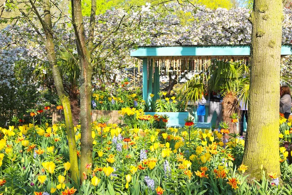 Lisse, Hollanda - 21 Nisan 2018: Keukenhof bahçeleri ve güzel çiçek yatakları.