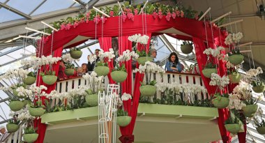 Lisse, Hollanda - 21 Nisan 2018: Keukenhof bahçeleri, çiçek desenli pavyon