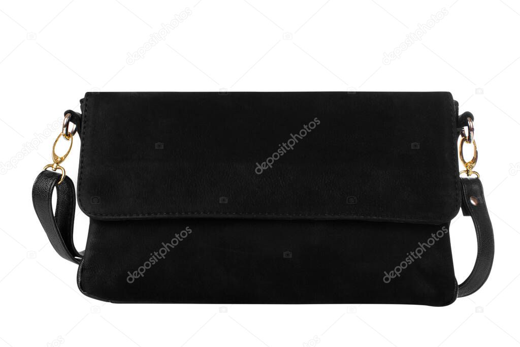 Black women clutch isolated on white background. Crossbody bag