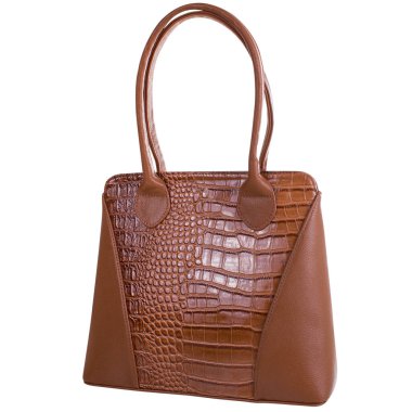 Esmer kadın çantası beyaz arka planda izole edilmiş. Üç çeyrek görünüm