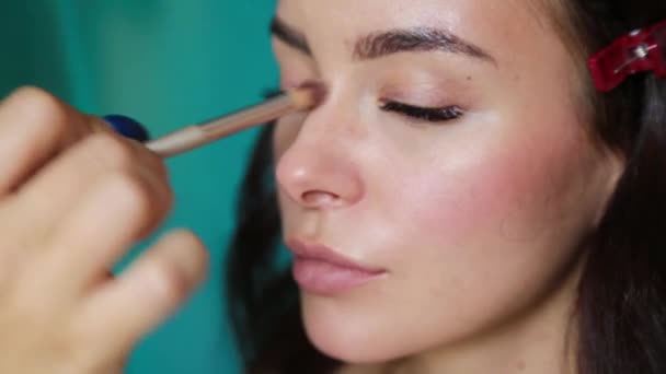 Artista Maquillaje Con Cepillo Delgado Acaricia Cara Una Hermosa Modelo — Vídeo de stock