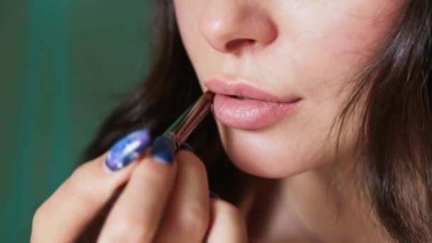薄いブラシでメイクアーティストの手は モデルの唇にケアバームを適用します — ストック動画