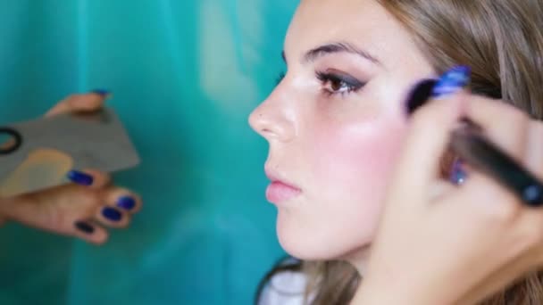 Makeup Artist Applies Foundation Fluffy Brush Girl Face Makeup Training — Stock Video