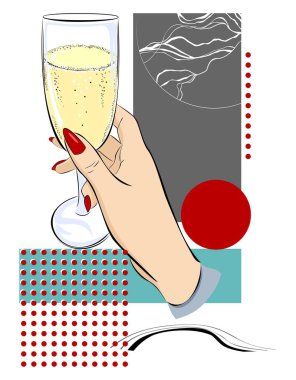 Modern tarz poster. Arka plan için bir bardak şampanya ve geometrik şekilli bir elin vektör çizimi. 