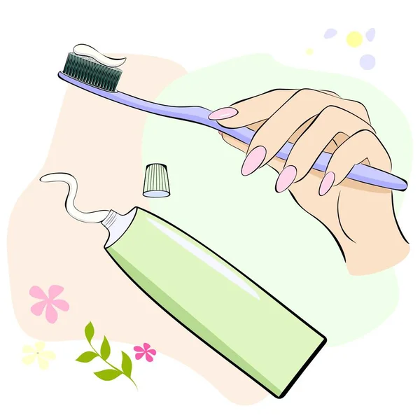 Female Hand Holds Toothbrush Paste Next Open Tube Toothpaste — Stock Vector