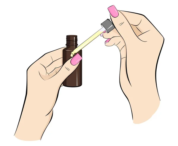 Drop Cuticle Oil Pipette Bottle Oil Hands Girl — Image vectorielle