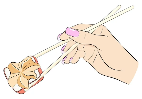 Роллс Японская Кухня Еда Рука Палочками Еды Рулон — стоковый вектор