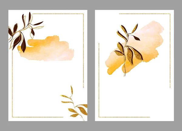 Χρυσό Πλαίσιο Πινελιά Νερομπογιάς Και Κλαδί Φύλλα Ταχυδρομική Κάρτα Πρότυπο — Φωτογραφία Αρχείου