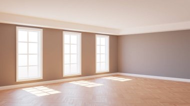 8K Ultra HD iç viraj Gray Walls, Parquet Floor, Three Large White Windows ve White Plinth, Lit by the Sun with Work Path on Windows. 3D görüntü, 7680x4320