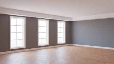 Gri Duvar, Parke zemin, Üç Büyük Beyaz Pencere ve Pencereler Üzerinde Çalışma Yolu Olan Beyaz Plinth 'li 8K Ultra HD iç viraj. 3D görüntü, 7680x4320