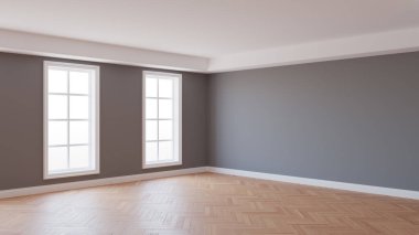 Gri Duvarları, Parke Yeri, İki Büyük Beyaz Penceresi ve Pencerelerde Çalışma Yolu Olan Beyaz Plinth 'i olan güzel bir iç köşe. 3 boyutlu görüntüleme. Ultra HD 8K 7680x4320