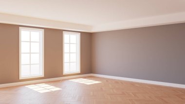 Gri Duvar, Parke Zemin, İki Büyük Beyaz Pencere ve Beyaz Plinth, Pencereler Üzerinde Çalışma Yolu Olan Güneş Işığı. 3 boyutlu görüntüleme. Ultra HD 8K 7680x4320