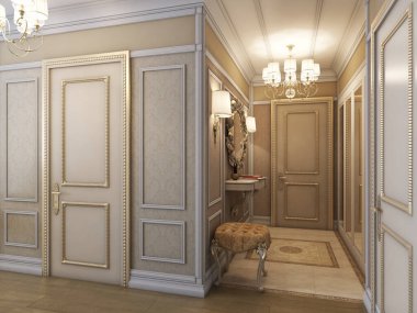 Altın desenli, bej duvarlı, beyaz pervazlı, avizeli, ahşap ve mermer döşemeli klasik bir giriş salonu. 6K 6144x4608, 3D illüstrasyon