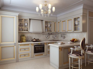 Klasik Yaldızlı Mobilya, Avize ve Mermer Döşemeli Lüks Mutfak. 6K 6144x4608, 3D illüstrasyon