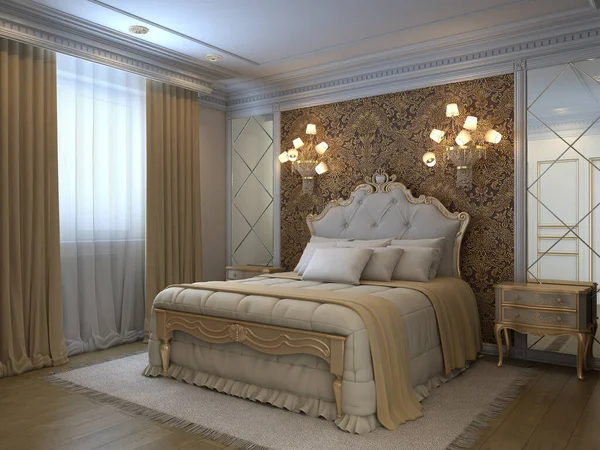 Luxury classic bedroom interior with classic bed, pillows, carpet on the wooden floor, two bedside table, and two mirrors. 3D illustration, 3840x2880