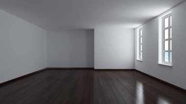 Empty Interior with Two White Windows, White Plastered Walls and Dark Parquet Floor with Work Path on Windows. 3D Rendering, Ultra HD 8K 7680x4320 