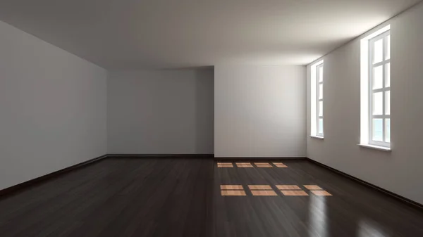 Empty Interior Two Windows White Plastered Walls Dark Parquet Floor —  Fotos de Stock