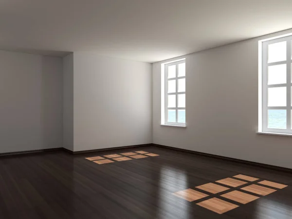 Empty Interior Two Windows White Plastered Walls Dark Parquet Floor —  Fotos de Stock