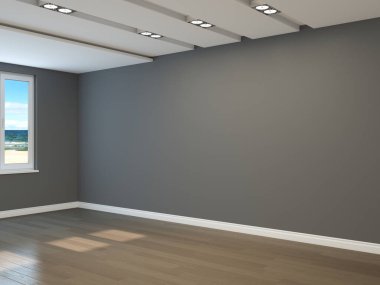 Deniz Manzaralı Boş İç Köşe, Gri Duvarlar, Pencere, Açık Parke ve Pencereli Beyaz Plinth. 3D Görüntü, 7680x5760 