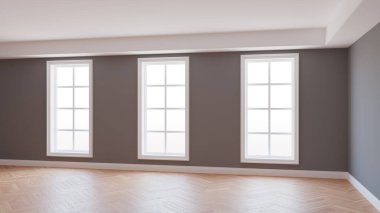 Gri Duvarlı Güzel Boş İç döşeme, Üç Büyük Pencere, Açık Parke döşeme ve Pencerelerde Çalışma Yolu olan beyaz Plinth. 3 boyutlu görüntüleme. Ultra HD 8K 7680x4320