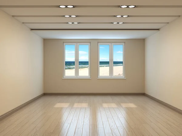 Empty Beige Interior with a Sea View, Two windows, Light Parquet and Plinth with Work Path on Windows. 3D rendering, 7680x5760