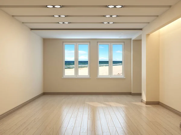 Empty Beige Interior with a Sea View, Cornince light on the Right against the Wall, Light Parquet and Skirting Boards with Work Path on Windows. 3D rendering, 7680x5760