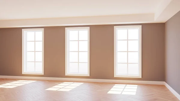 Beautiful Empty Sunlit Interior Three Large Windows Light Parquet Floor Stock Image
