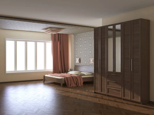 Moderner Schlafzimmerinnenraum Mit Beigen Wänden Terra Cotta Vorhängen Großem Fenster — Stockfoto