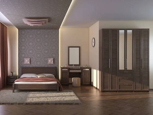 Moderner Schlafzimmerinnenraum Mit Beigen Wänden Terra Cotta Vorhängen Teppich Bett — Stockfoto